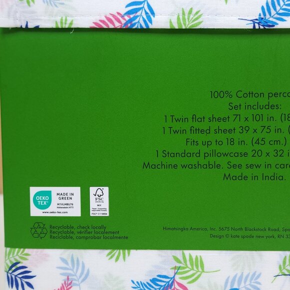 Kate Spade Twin Sheet Set 100% Cotton Percale Palm Trees Floral - Picture 6 of 7